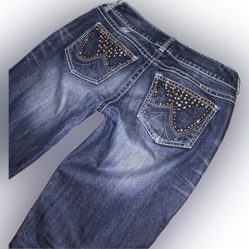 Wrangler Premium Patch Studded Bejeweled Distressed Y2K Flare Low Rise Jeans 5/6 - Picture 2 of 11